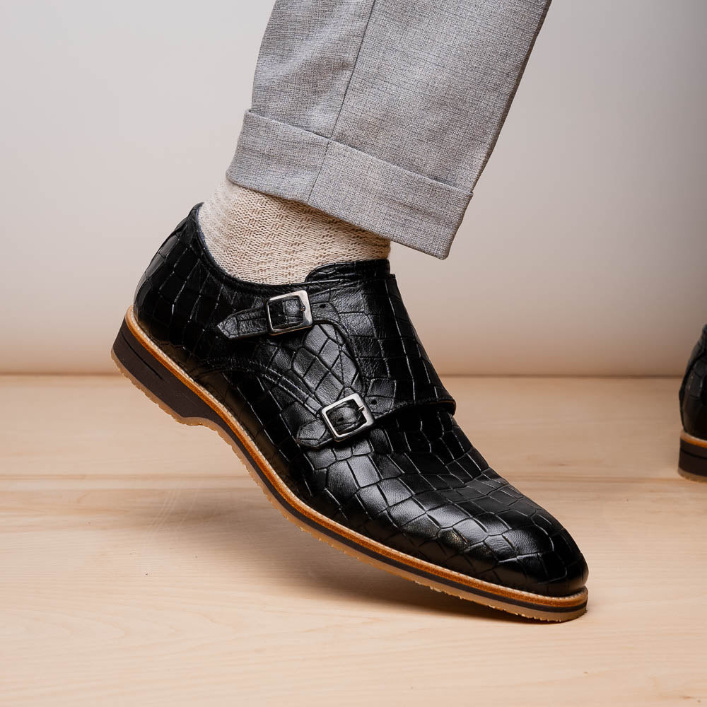 Zelli Italia Men's 55-112-BLK LEGERRA Hand Burnished Crocodile Print Monkstrap Black