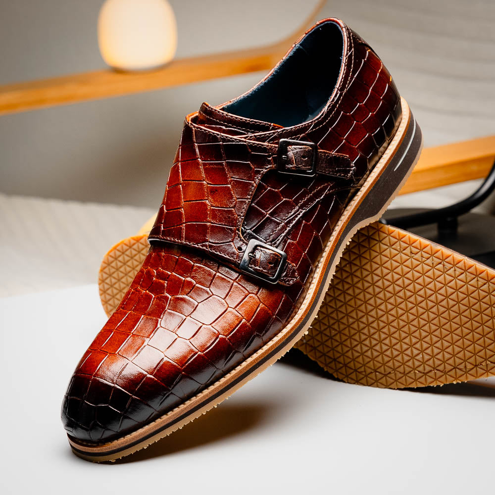 Zelli Italia Men's 55-112-CGN LEGERRA Hand Burnished Crocodile Print Monkstrap Cognac