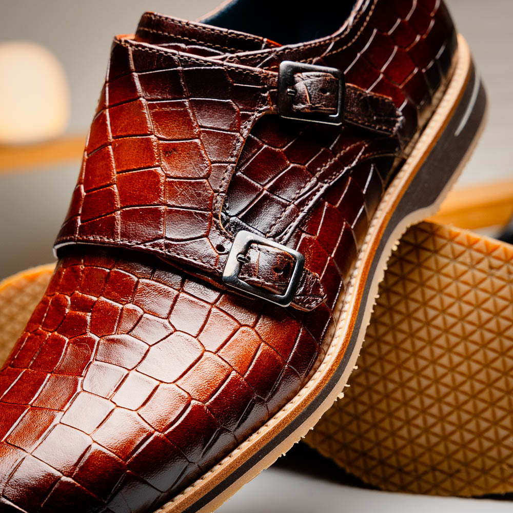 Zelli Italia Men's 55-112-CGN LEGERRA Hand Burnished Crocodile Print Monkstrap Cognac