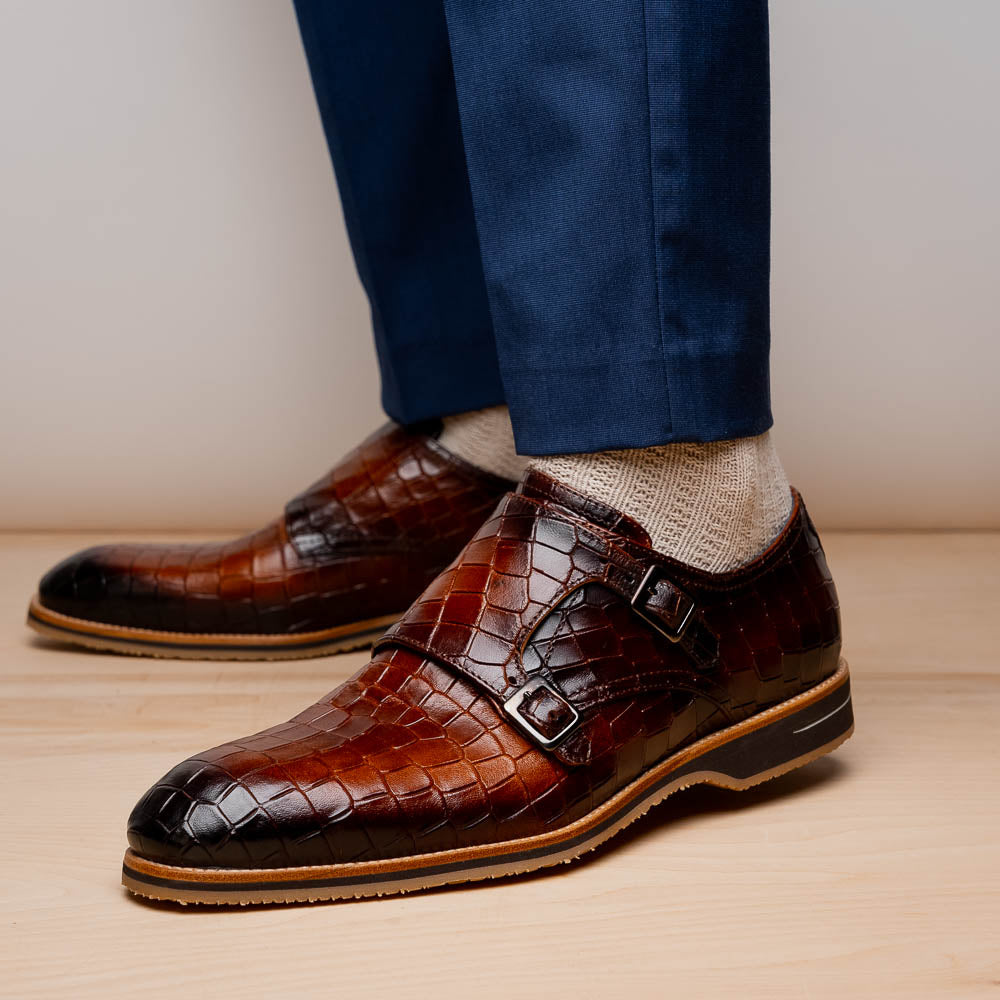 Zelli Italia Men's 55-112-CGN LEGERRA Hand Burnished Crocodile Print Monkstrap Cognac