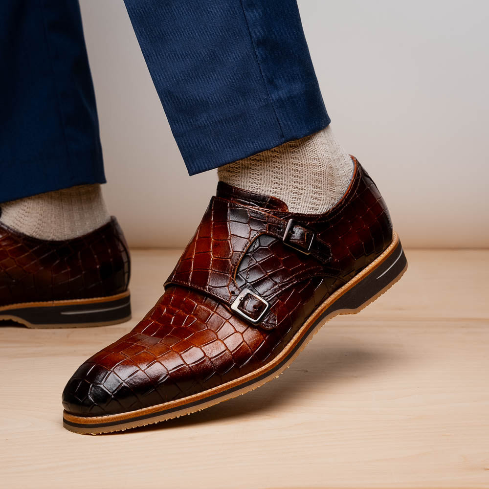 Zelli Italia Men's 55-112-CGN LEGERRA Hand Burnished Crocodile Print Monkstrap Cognac