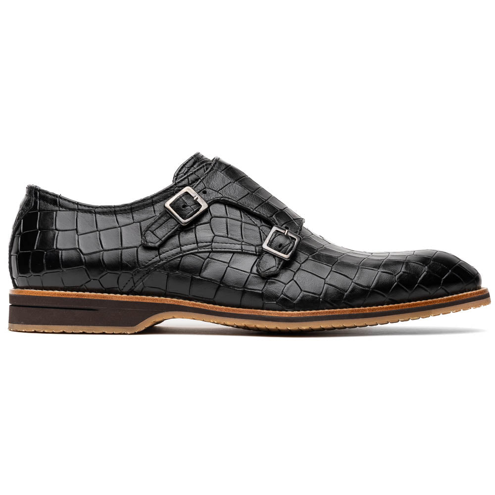 Zelli Italia Men's 55-112-BLK LEGERRA Hand Burnished Crocodile Print Monkstrap Black