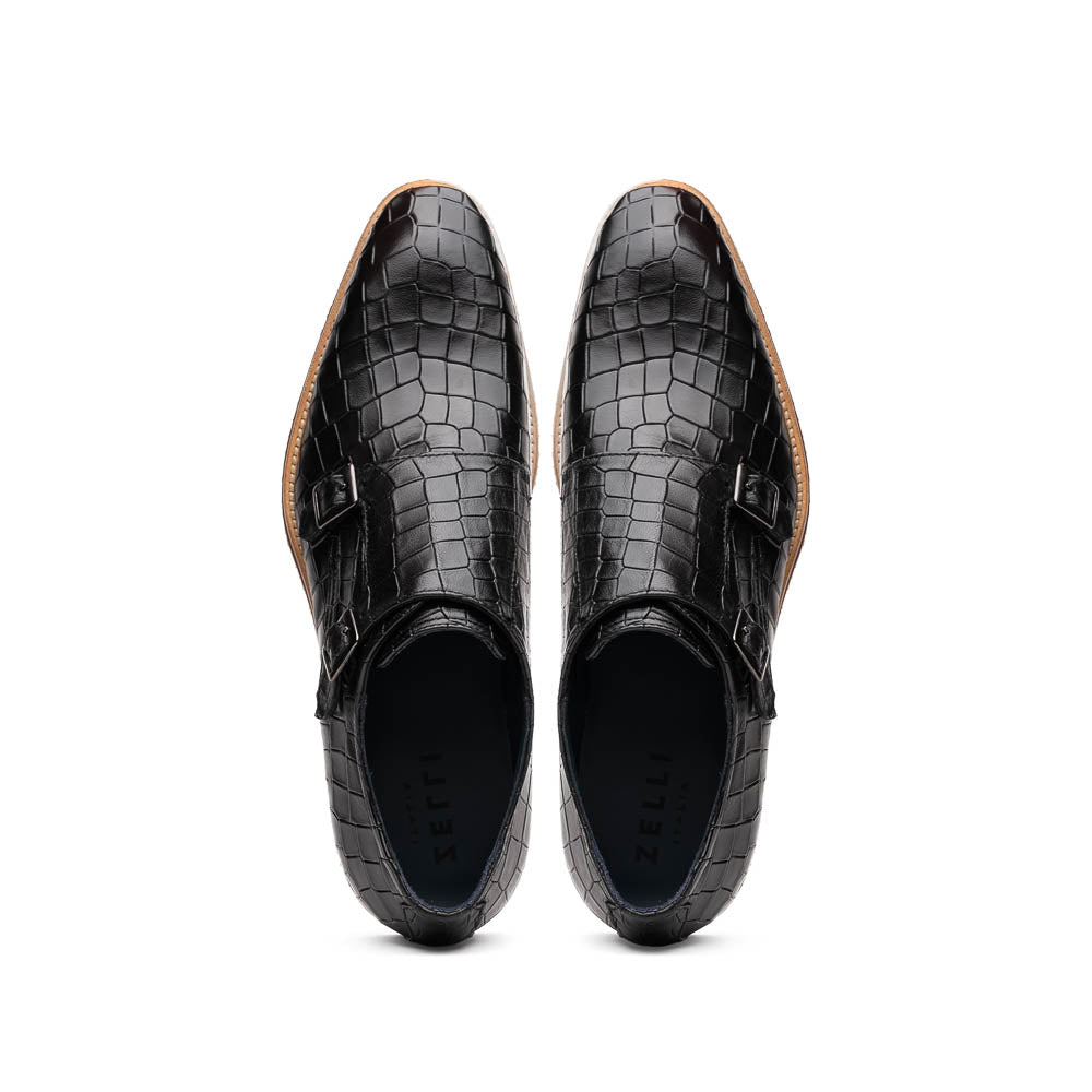 Zelli Italia Men's 55-112-BLK LEGERRA Hand Burnished Crocodile Print Monkstrap Black