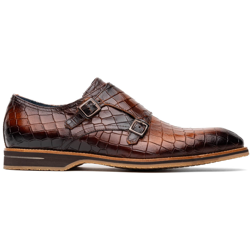 Zelli Italia Men's 55-112-CGN LEGERRA Hand Burnished Crocodile Print Monkstrap Cognac