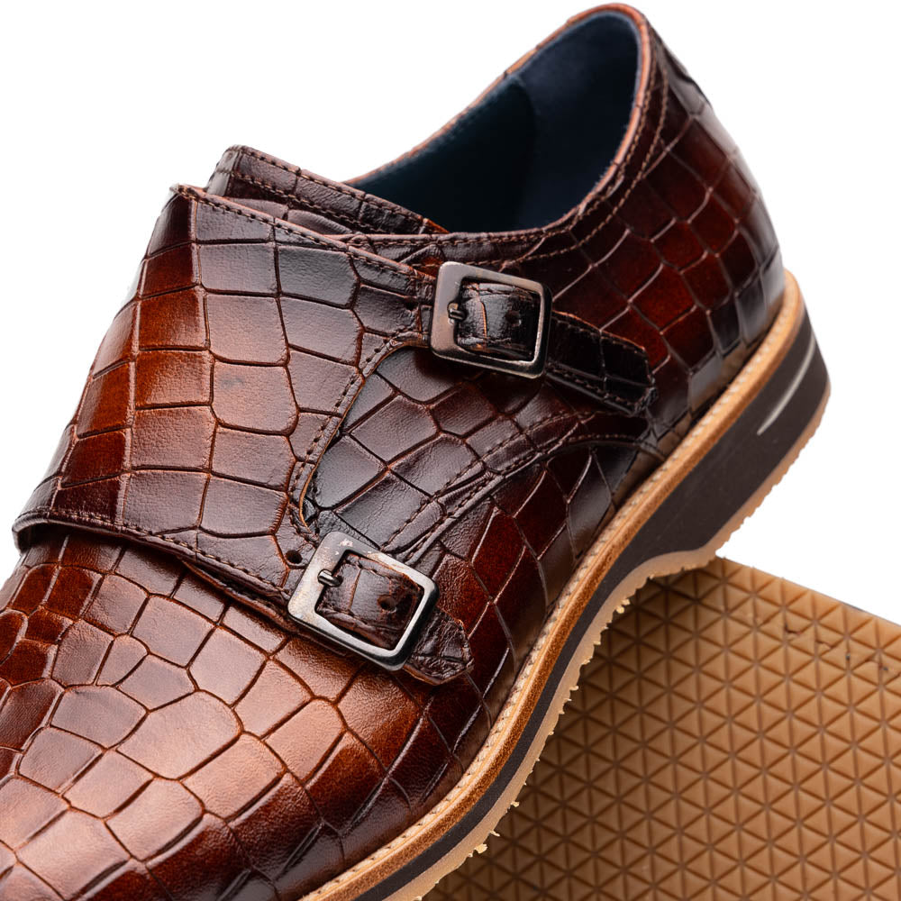 Zelli Italia Men's 55-112-CGN LEGERRA Hand Burnished Crocodile Print Monkstrap Cognac