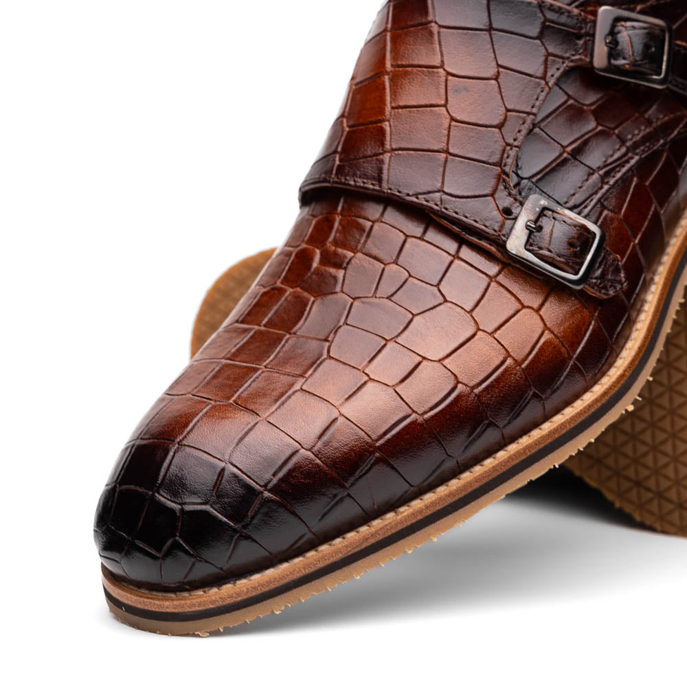 Zelli Italia Men's 55-112-CGN LEGERRA Hand Burnished Crocodile Print Monkstrap Cognac