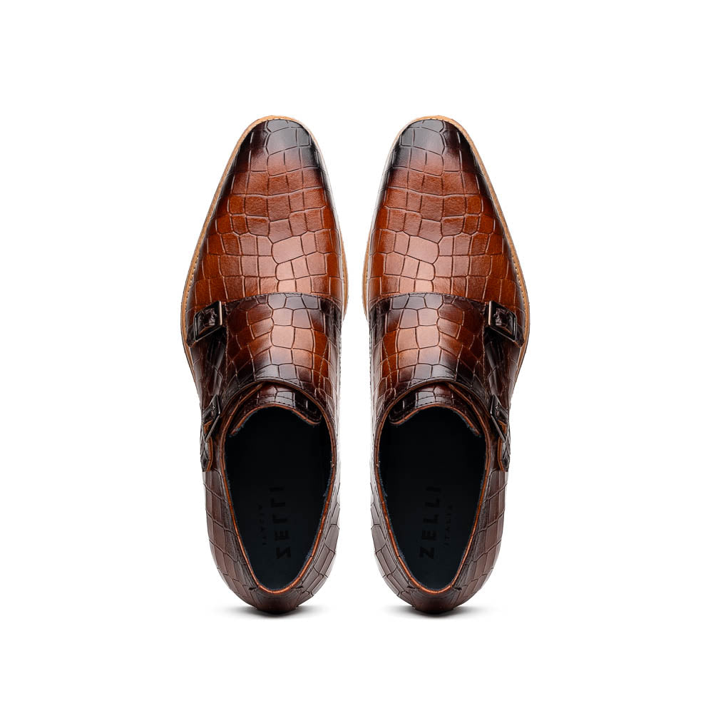 Zelli Italia Men's 55-112-CGN LEGERRA Hand Burnished Crocodile Print Monkstrap Cognac
