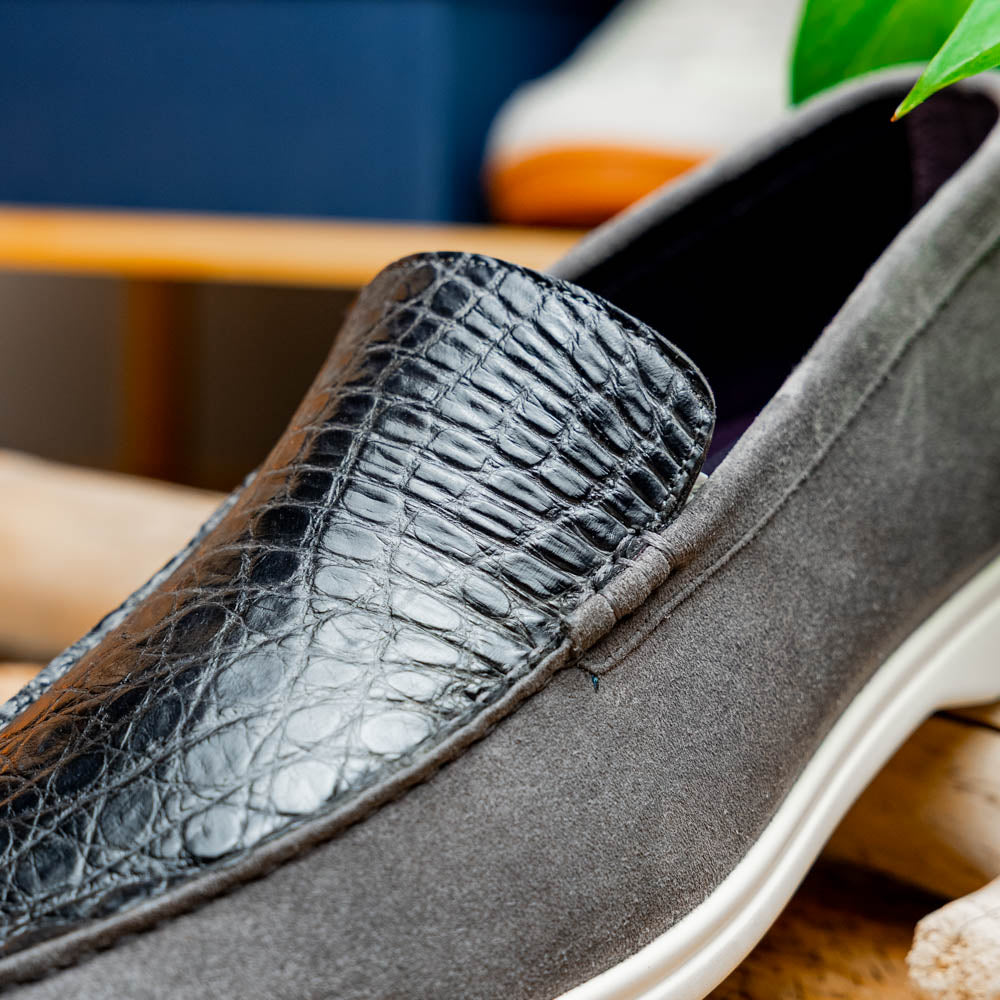 Zelli Italia 11-603-GRY BENE Sueded Italian Goatskin & Crocodile Loafer Grey View 12