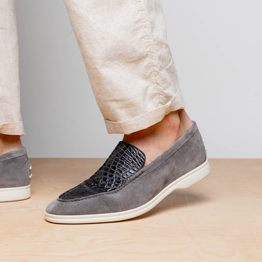 Zelli Italia 11-603-GRY BENE Sueded Italian Goatskin & Crocodile Loafer Grey Bottom View
