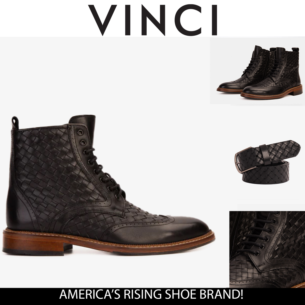 The Loddon Black Leather Wingtip Brogue Handwoven Lace-Up Men Boot with a Zipper