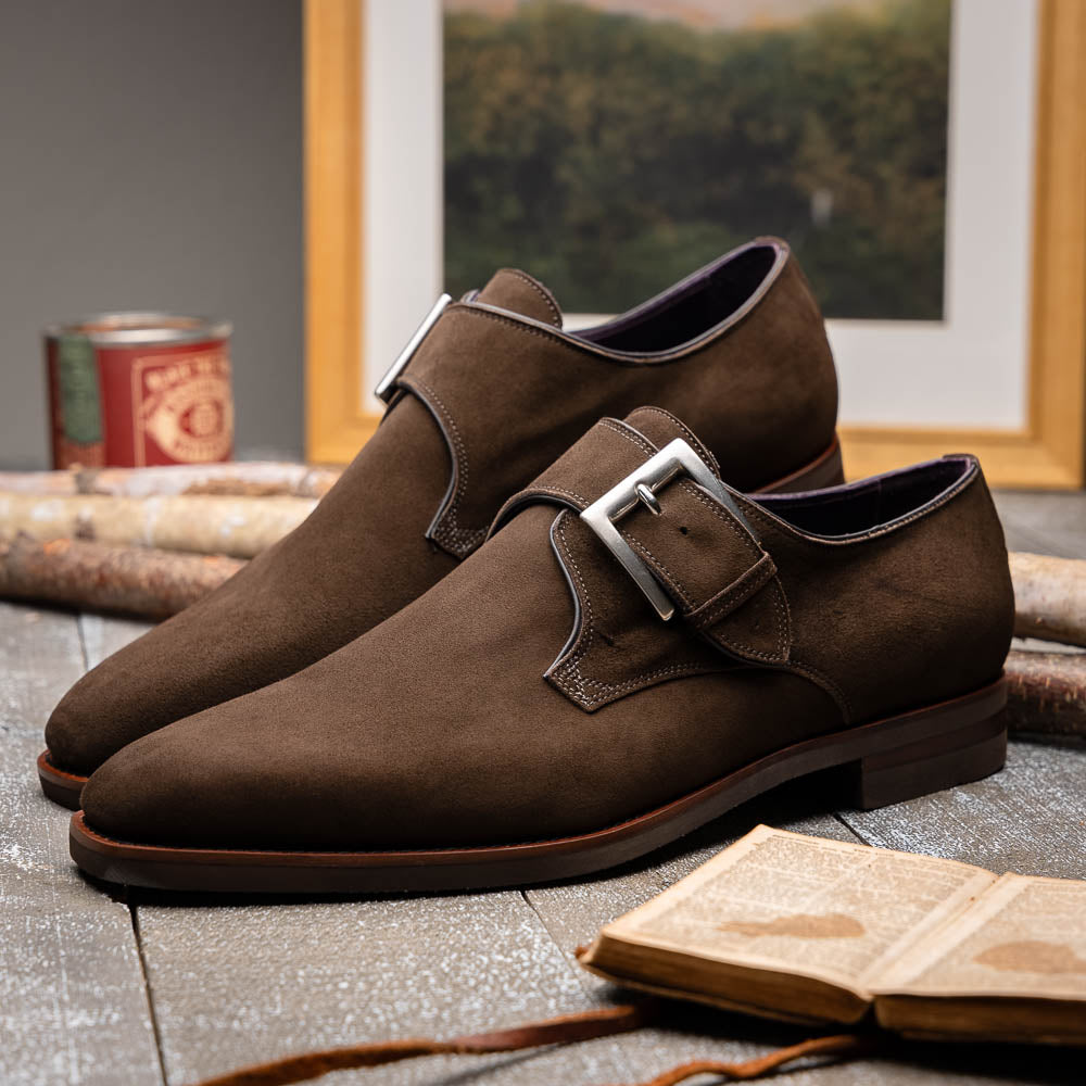 Zelli Italia Men's 56-110-DBR Hebilla Monk Strap Italian Suede Calfskin Dark Brown