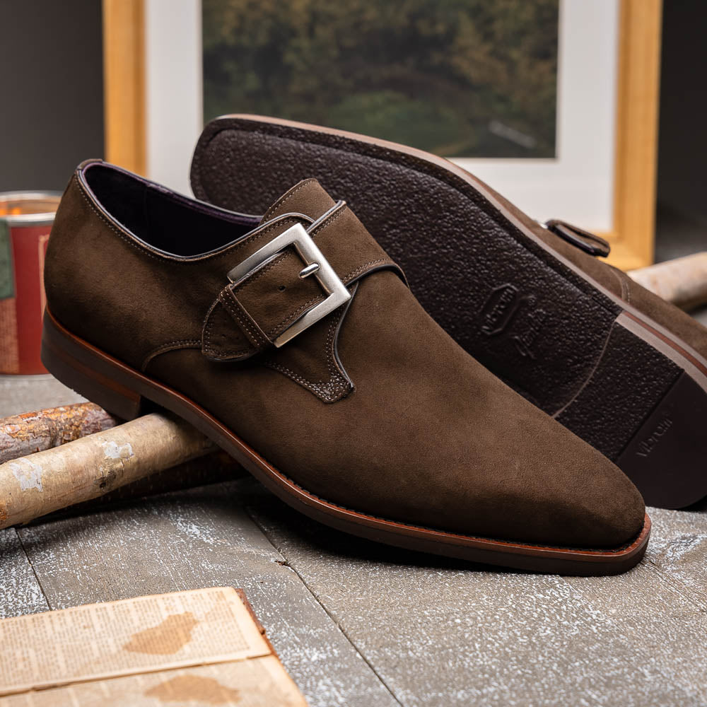 Zelli Italia Men's 56-110-DBR Hebilla Monk Strap Italian Suede Calfskin Dark Brown