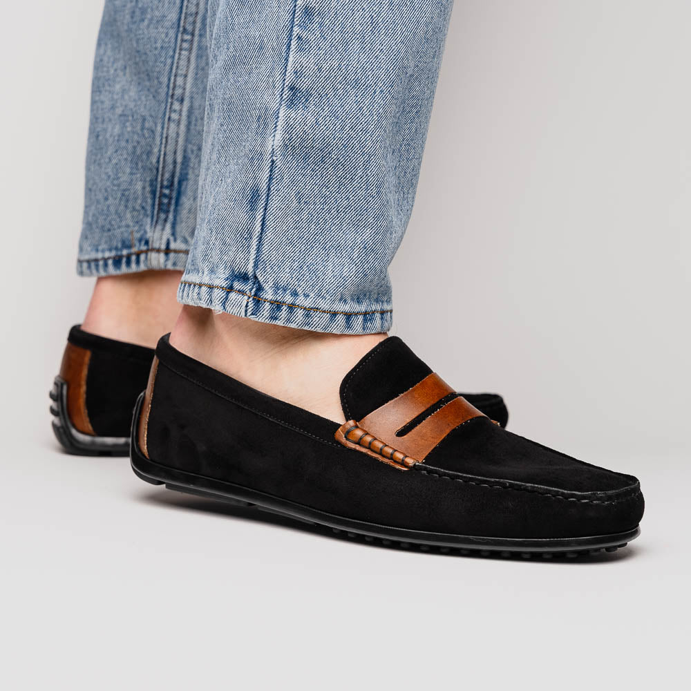 Zelli Italia Men's 36-300-BLK MONZA Sueded Italian Calfskin Driver Black / Chestnut