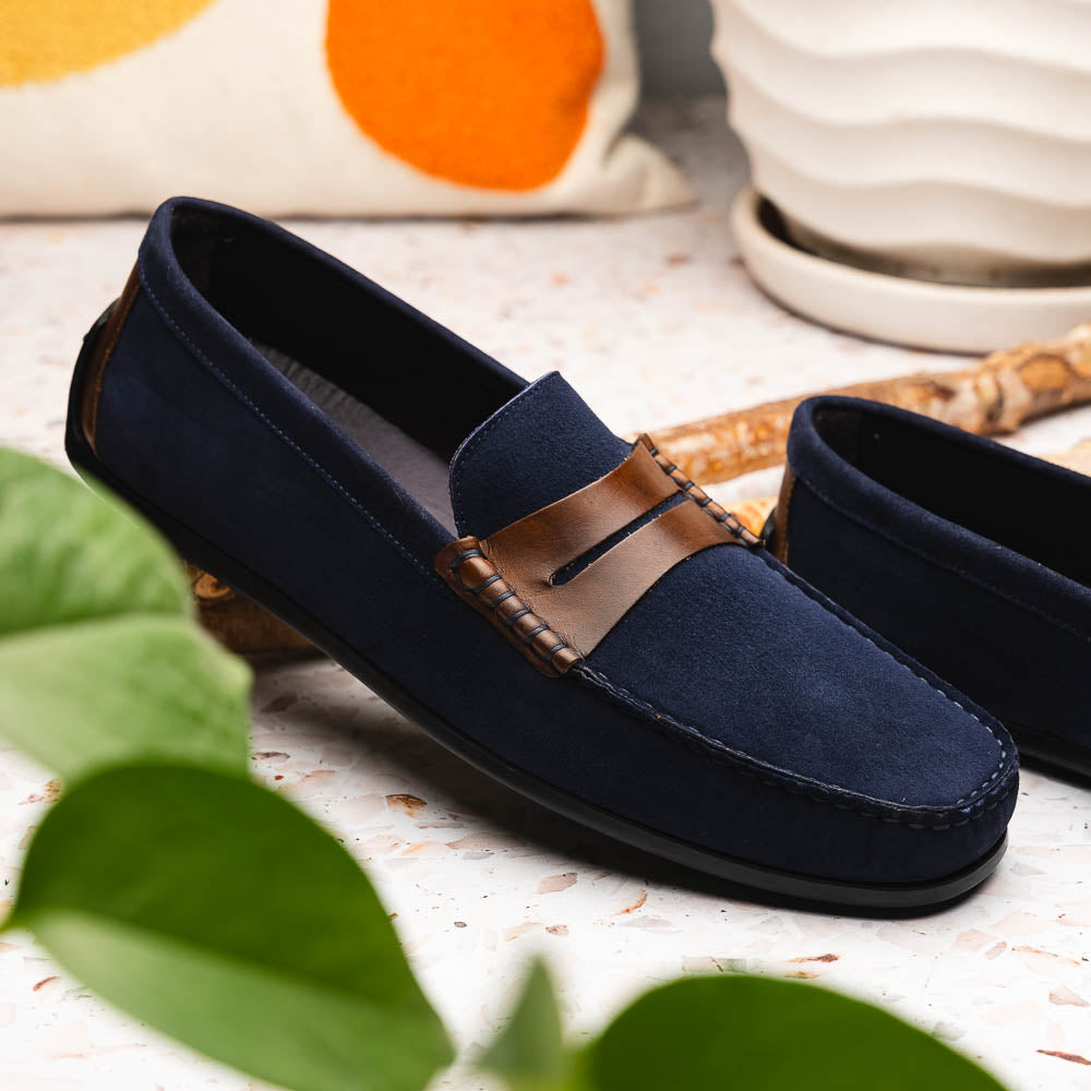 Zelli Italia Men's 36-300-NVY MONZA Sueded Italian Calfskin Driver Navy / Chestnut