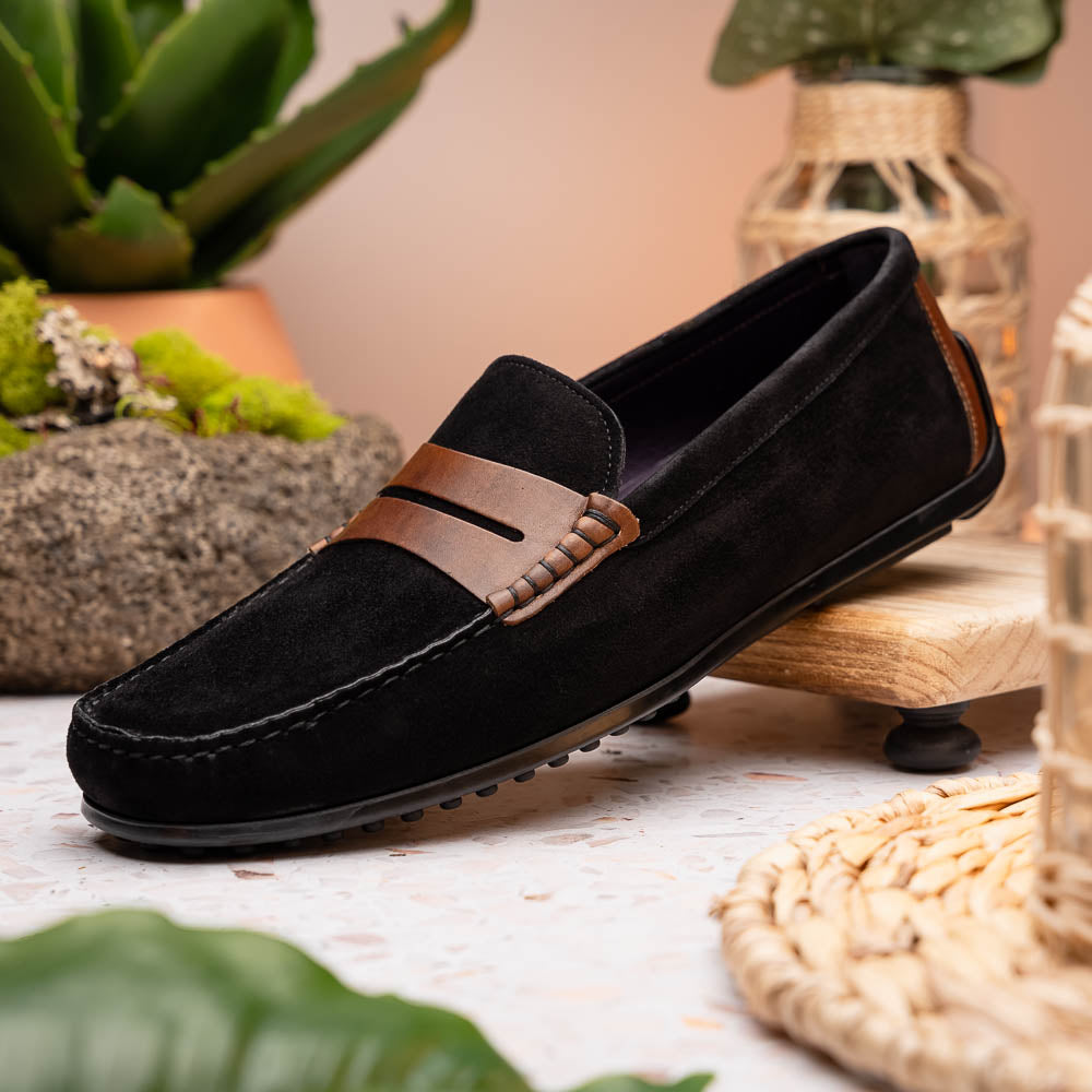 Zelli Italia Men's 36-300-BLK MONZA Sueded Italian Calfskin Driver Black / Chestnut