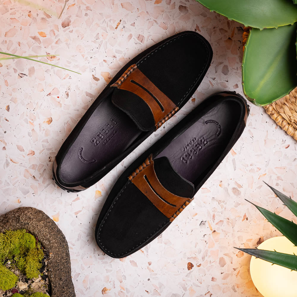 Zelli Italia Men's 36-300-BLK MONZA Sueded Italian Calfskin Driver Black / Chestnut