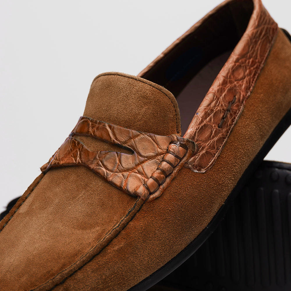Zelli Italia Men's 31-160-CGN MONZA Sueded Calfskin with Crocodile Driver, Cognac