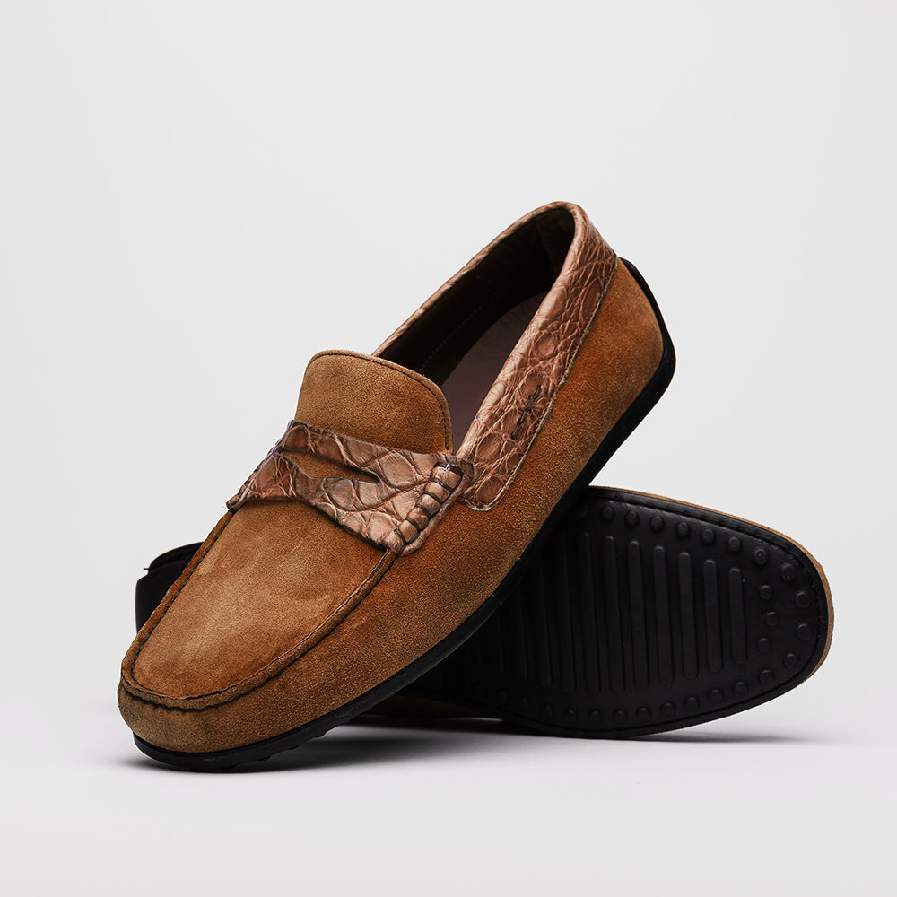 Zelli Italia Men's 31-160-CGN MONZA Sueded Calfskin with Crocodile Driver, Cognac
