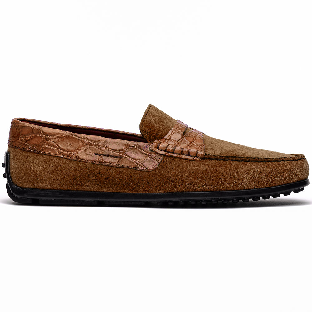 Zelli Italia Men's 31-160-CGN MONZA Sueded Calfskin with Crocodile Driver, Cognac