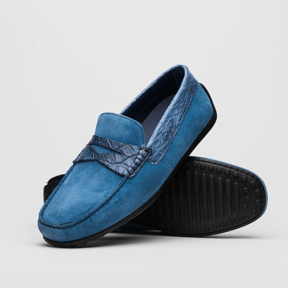 Zelli Italia Men's 31-160-DNM MONZA Sueded Calfskin with Crocodile Driver Denim
