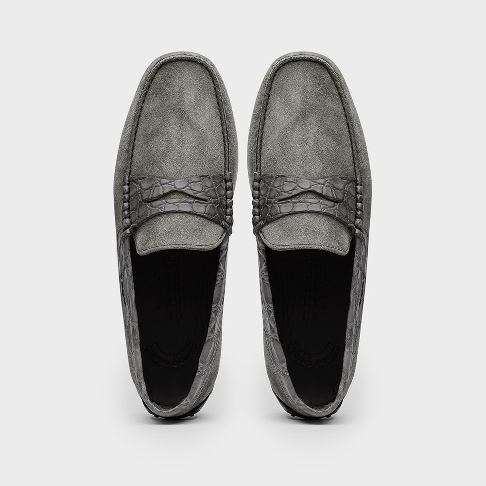 Zelli Italia Men's 31-160-GRY MONZA Sueded Calfskin with Crocodile Driver, Grey
