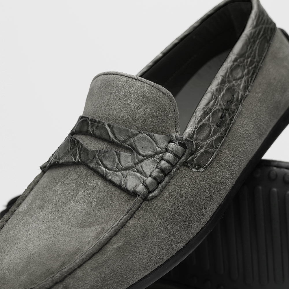 Zelli Italia Men's 31-160-GRY MONZA Sueded Calfskin with Crocodile Driver, Grey
