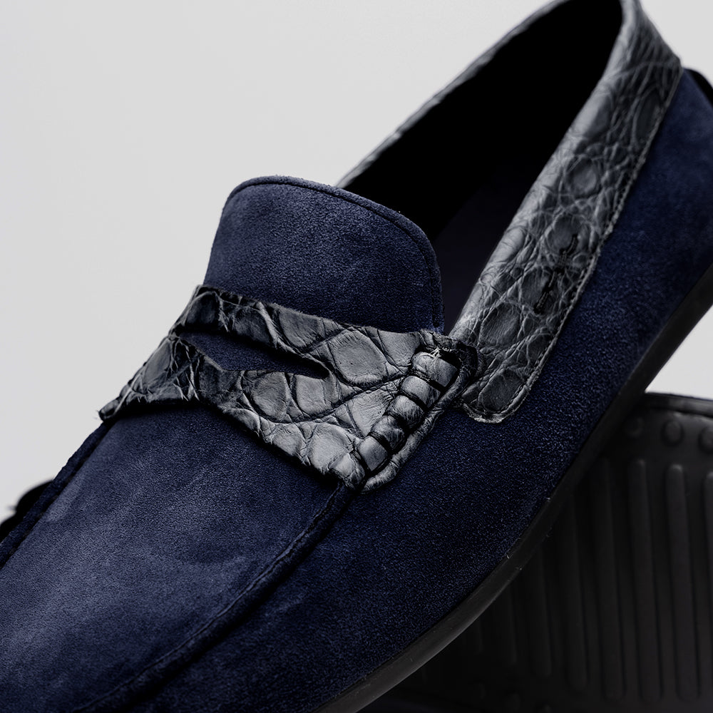 Zelli Italia Men's 31-160-NVY MONZA Sueded Calfskin with Crocodile Driver, Navy