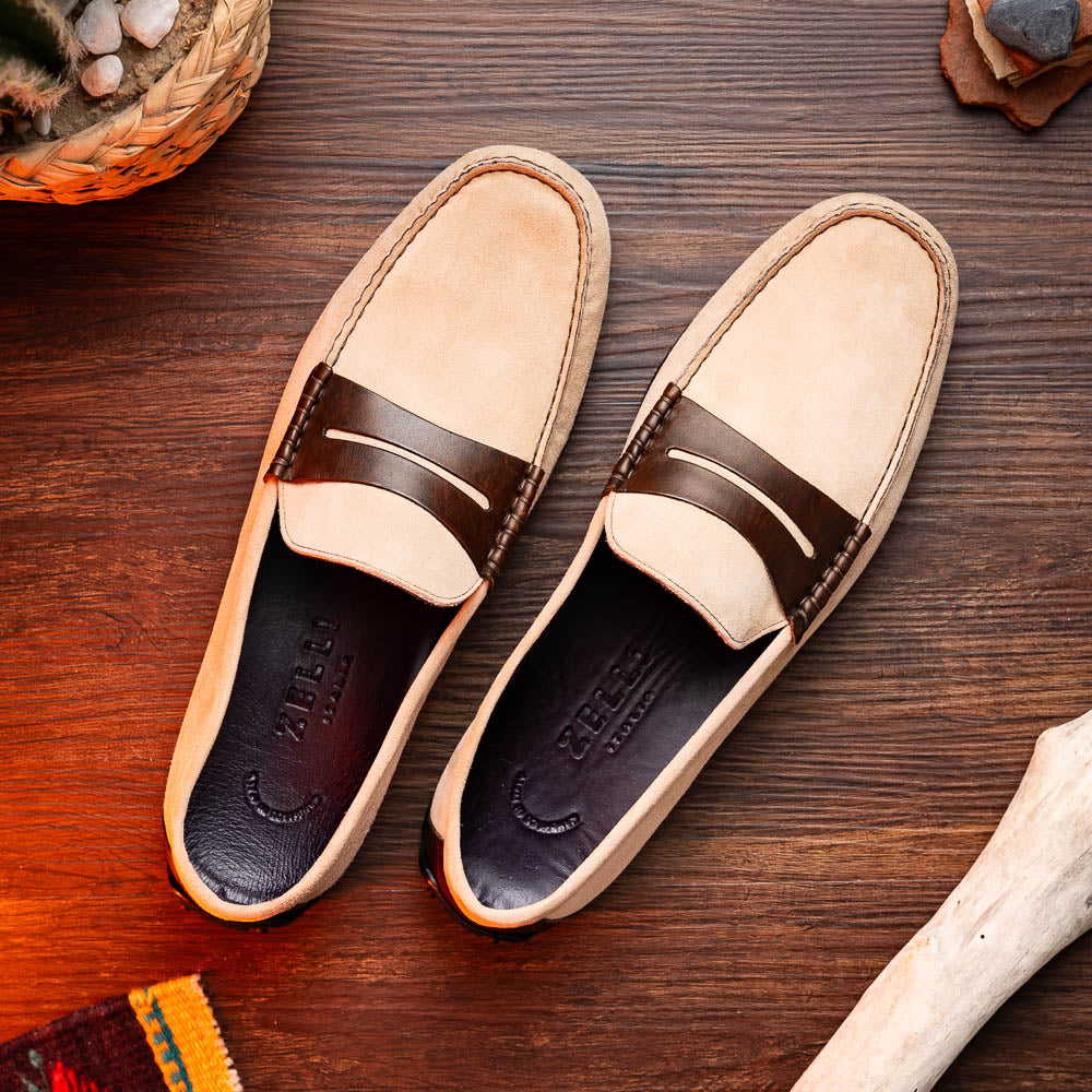 Zelli Italia Men's 36-300-BON MONZA Sueded Italian Calfskin Driver Bone / Chestnut
