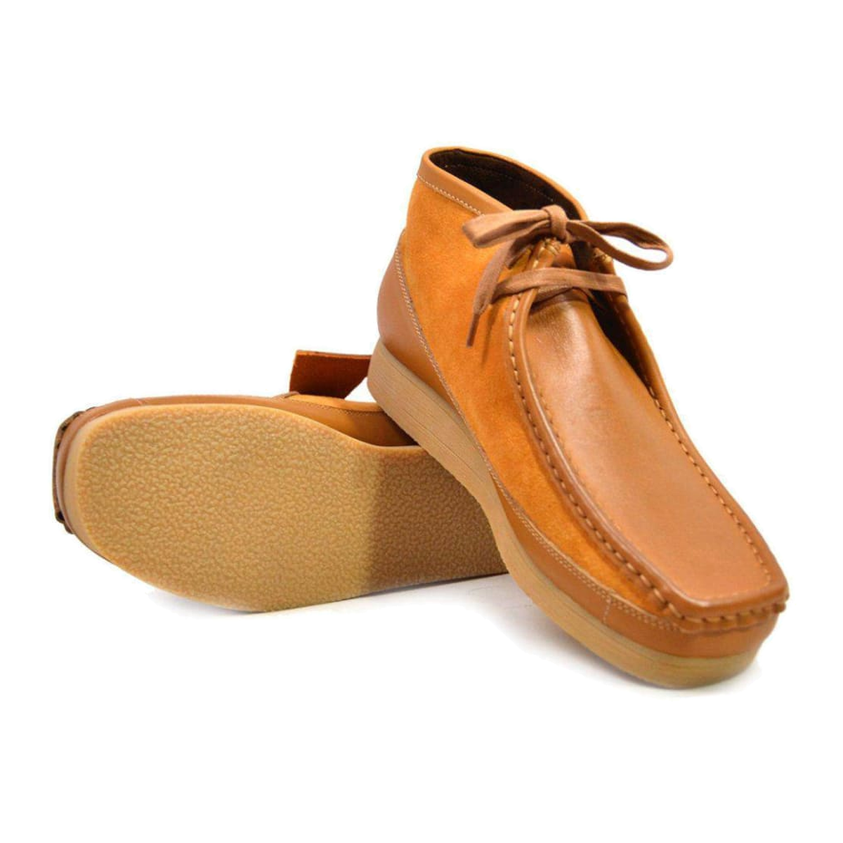 British Walkers New Castle men's golden tan ankle boots, pair and outsole view
