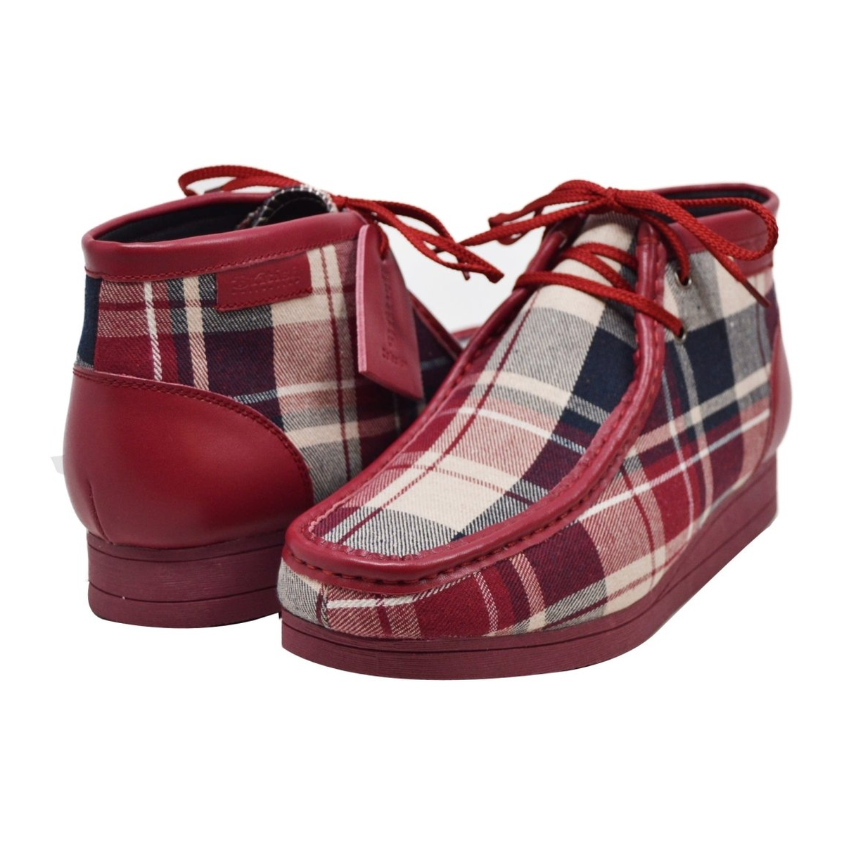 British Walkers New Castle men's Burgundy Multi Plaid ankle boots, three-quarter pair view