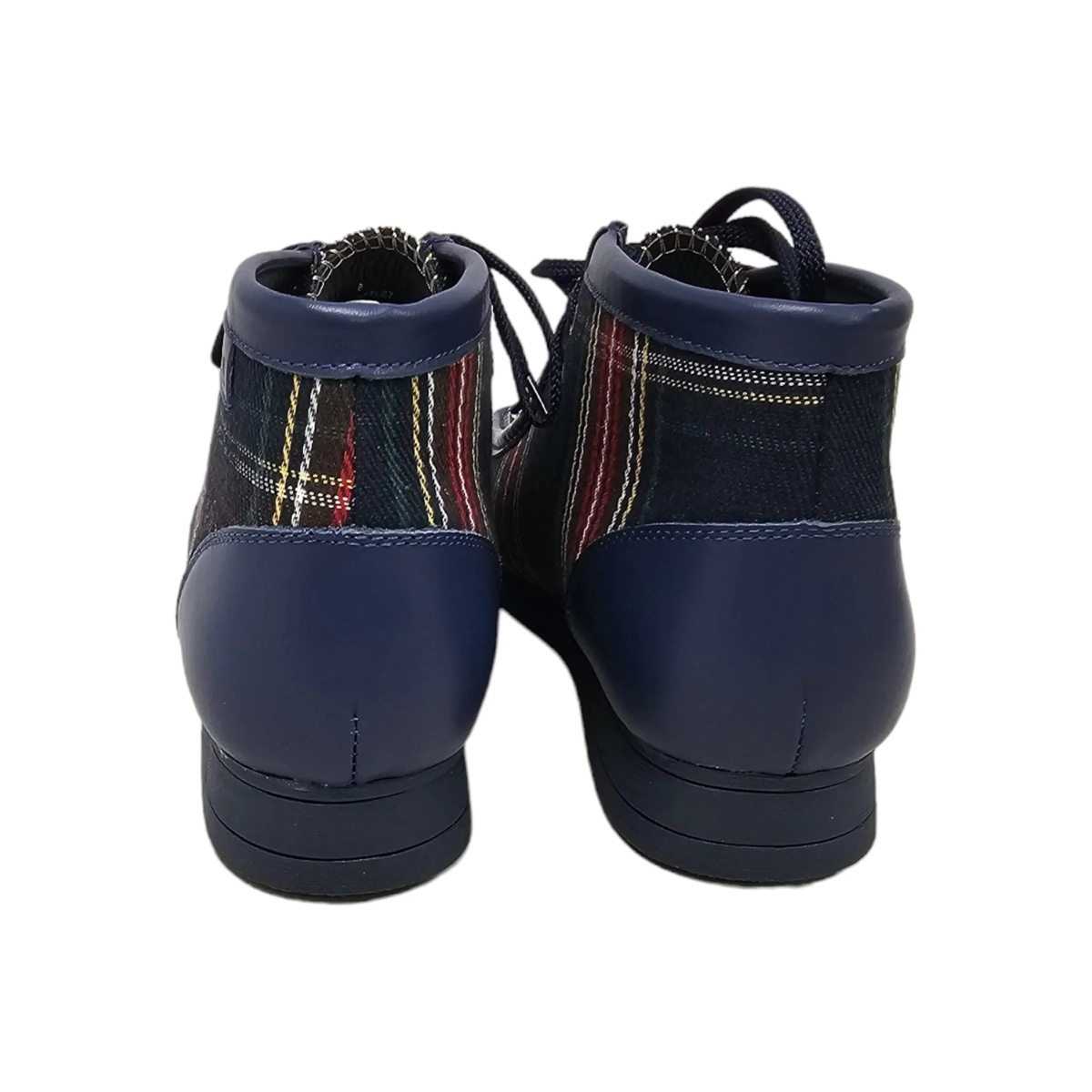 British Walkers New Castle men's Navy Multi Plaid ankle boots, pair heel view
