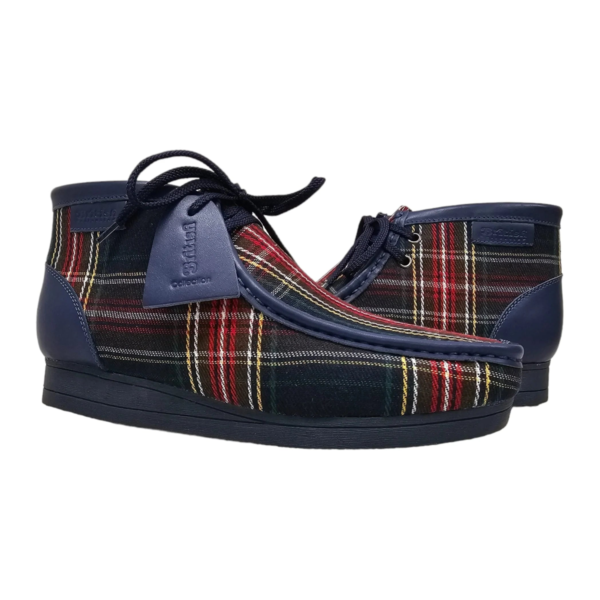 British Walkers New Castle men's Navy Multi Plaid ankle boots, three-quarter pair view