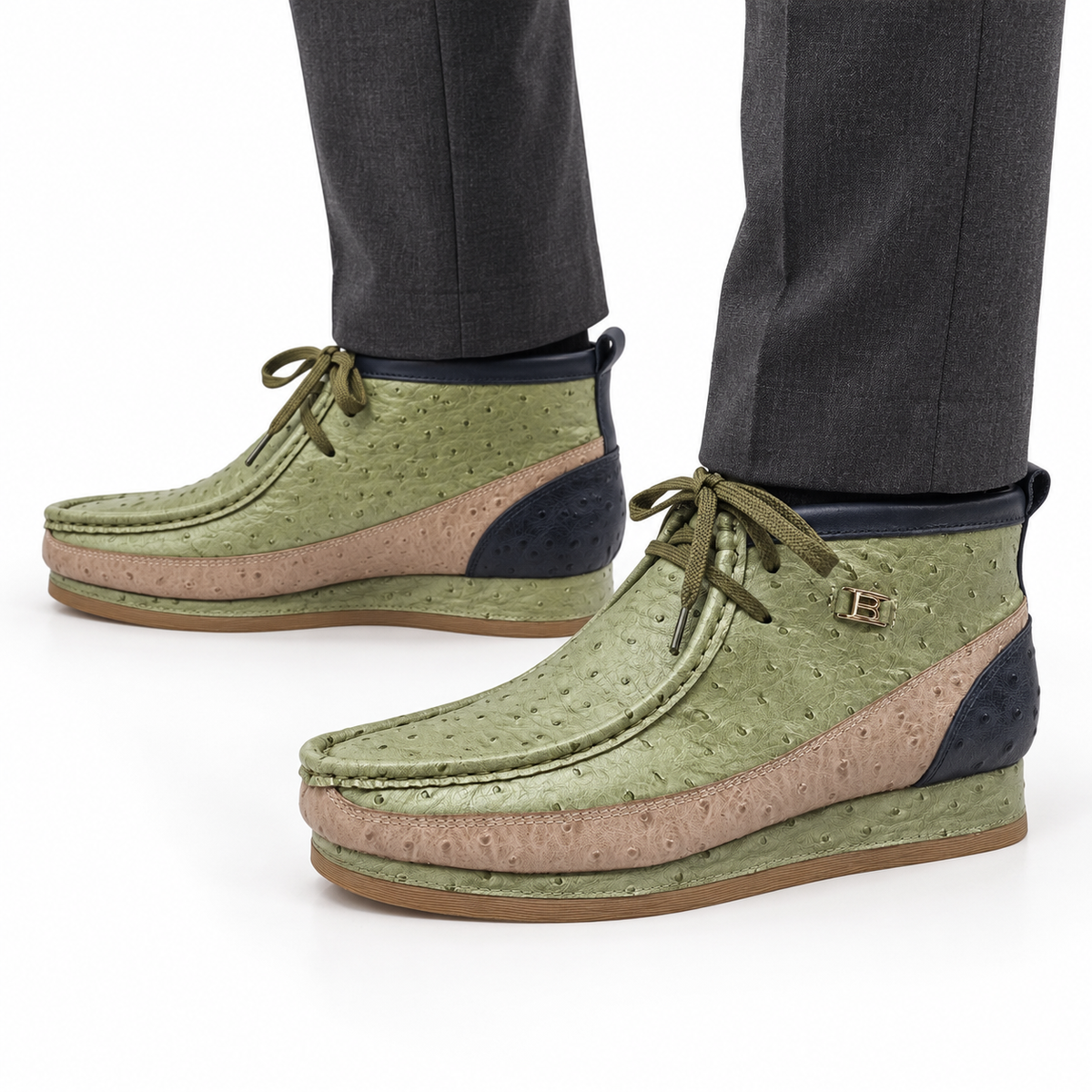 AI-generated on-model view of New Castle mint, beige and navy ostrich-print leather chukka boots with charcoal trousers on a white background.