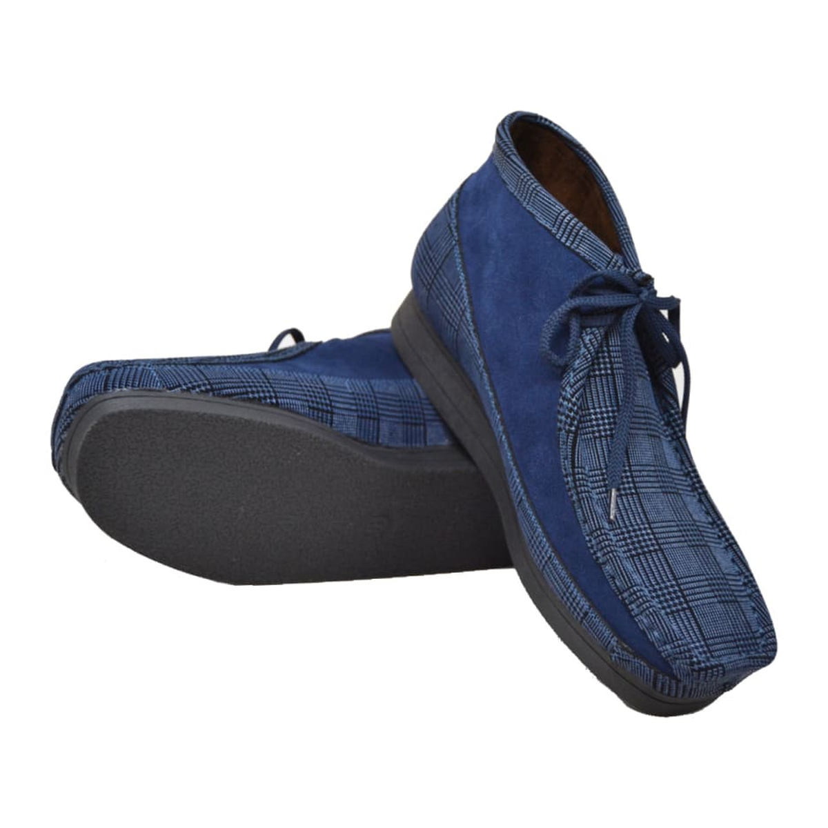 British Walkers New Castle men's Navy Pattern ankle boots, pair and outsole view
