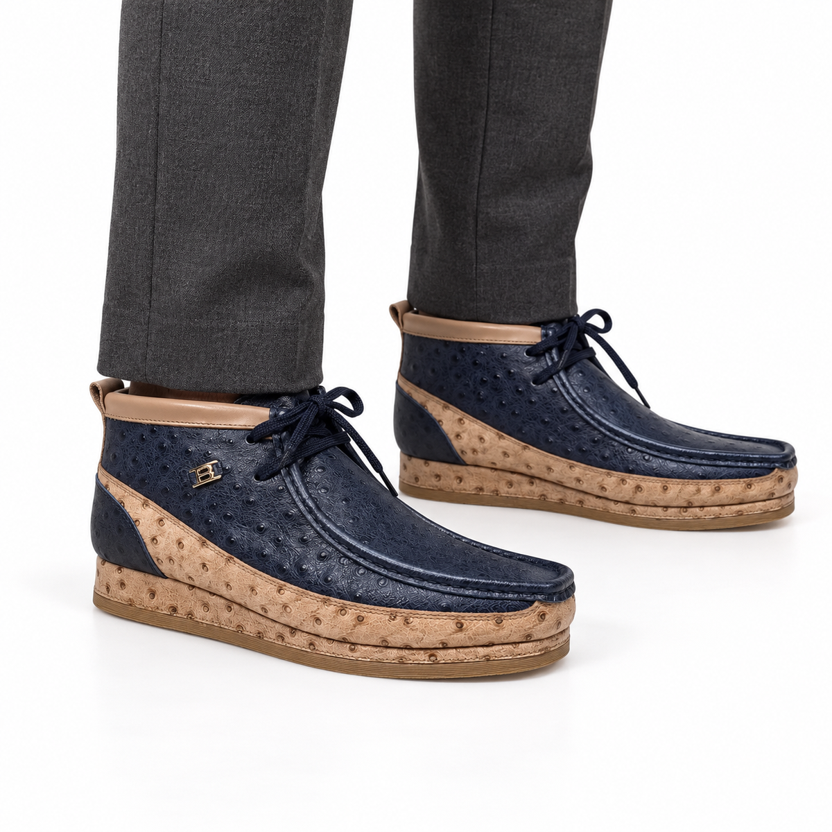 AI-generated on-model view of New Castle navy and tan ostrich-print leather chukka boots with charcoal trousers on a white background.