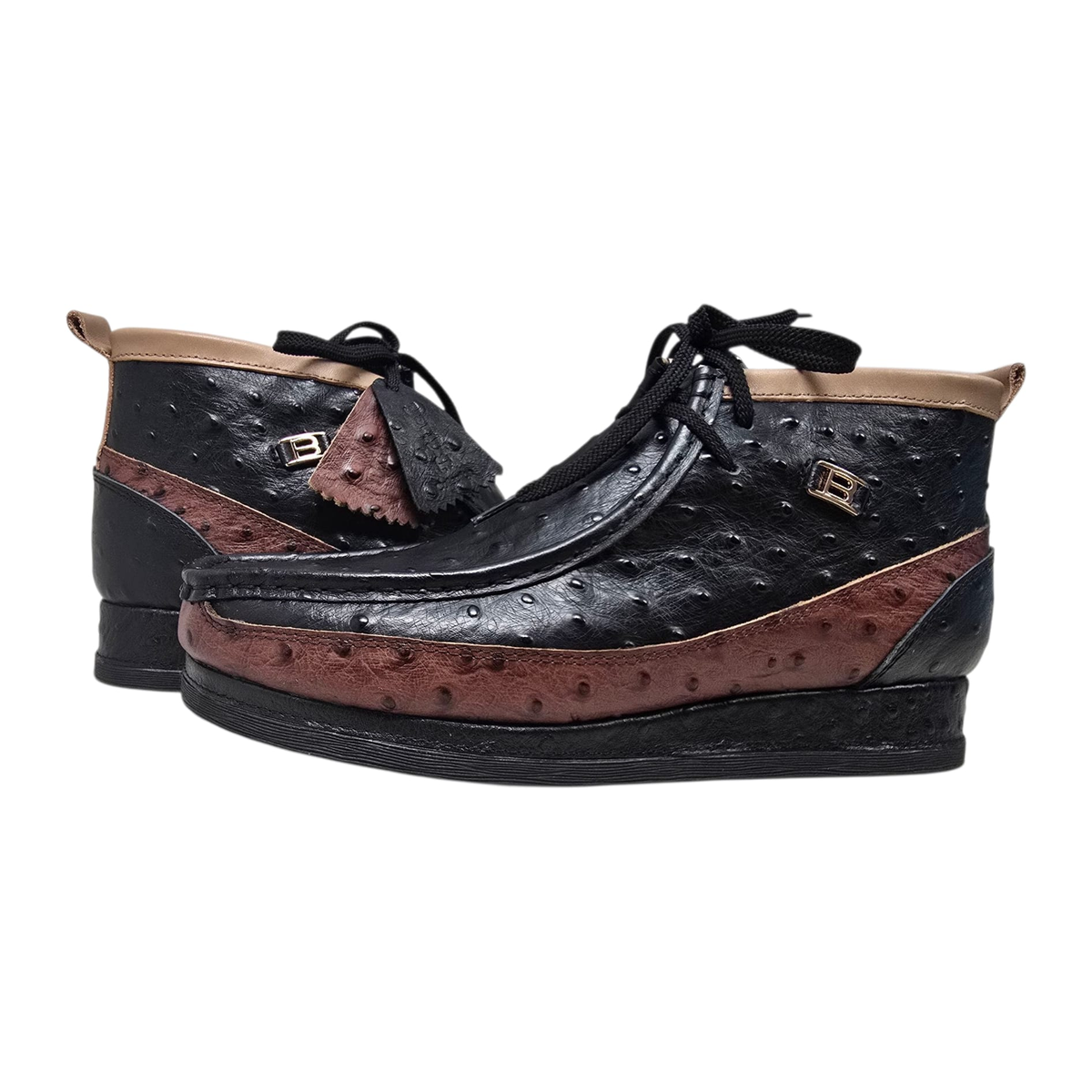 British Walkers New Castle men's Black/Brown ostrich-print leather chukka boots, three-quarter pair view