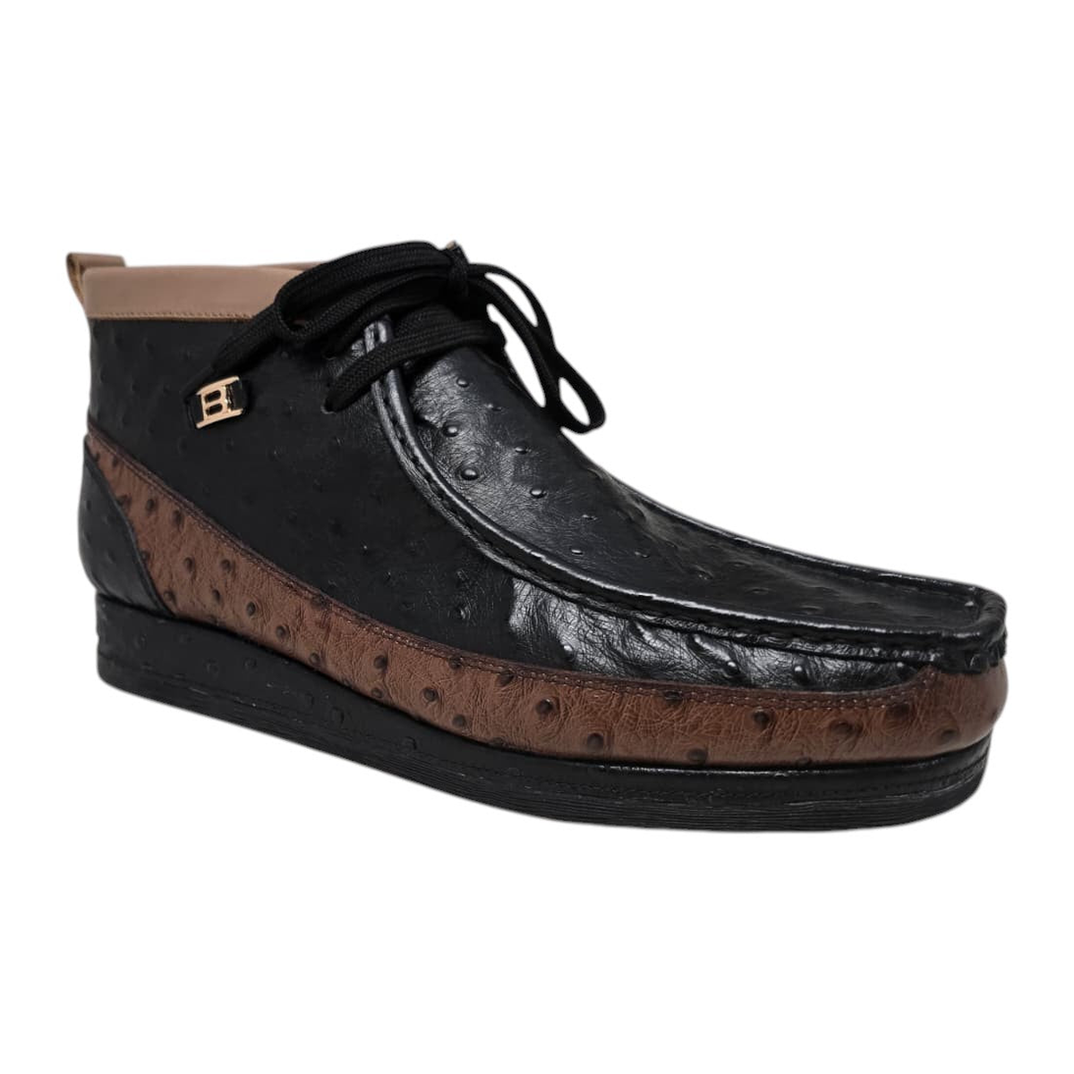 British Walkers New Castle men's Black/Brown ostrich-print leather chukka boots, three-quarter side view