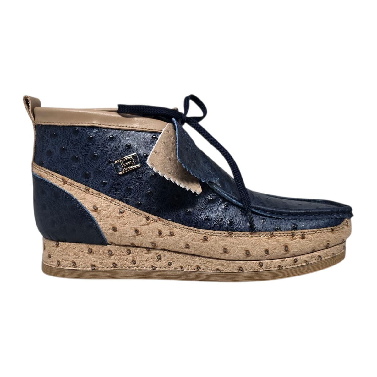 British Walkers New Castle men's Navy/Tan ostrich-print leather chukka boots, right-facing side view