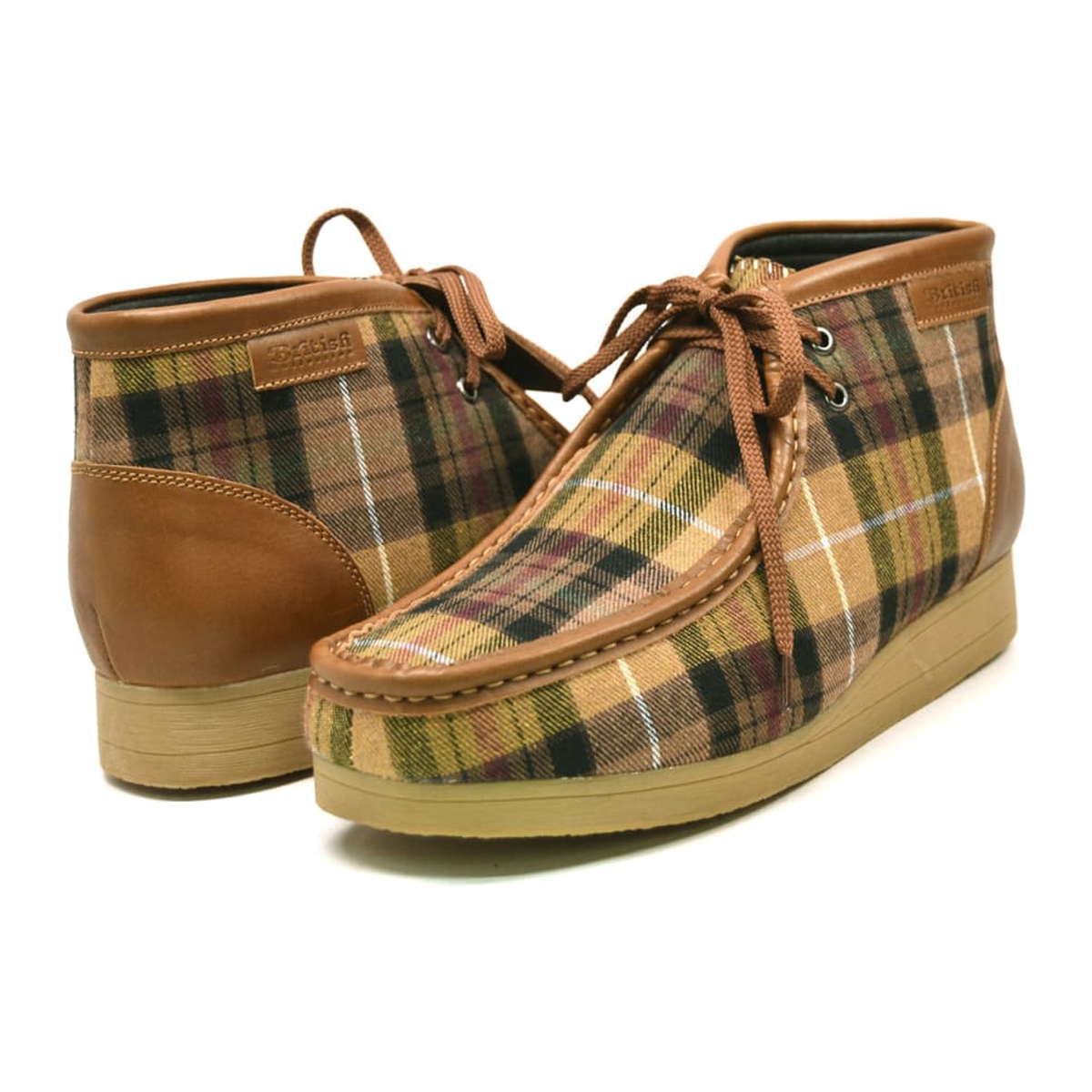 British Walkers New Castle men's Tan Plaid ankle boots, three-quarter pair view