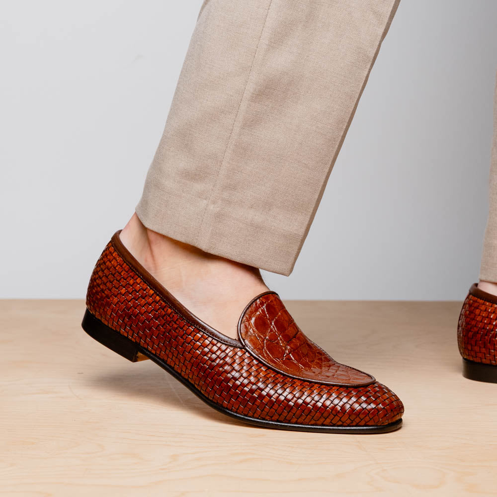 Zelli Italia 11-620-CGN PALIO Genuine Crocodile and Calfskin Basketweave Slip On, Cognac Bottom View