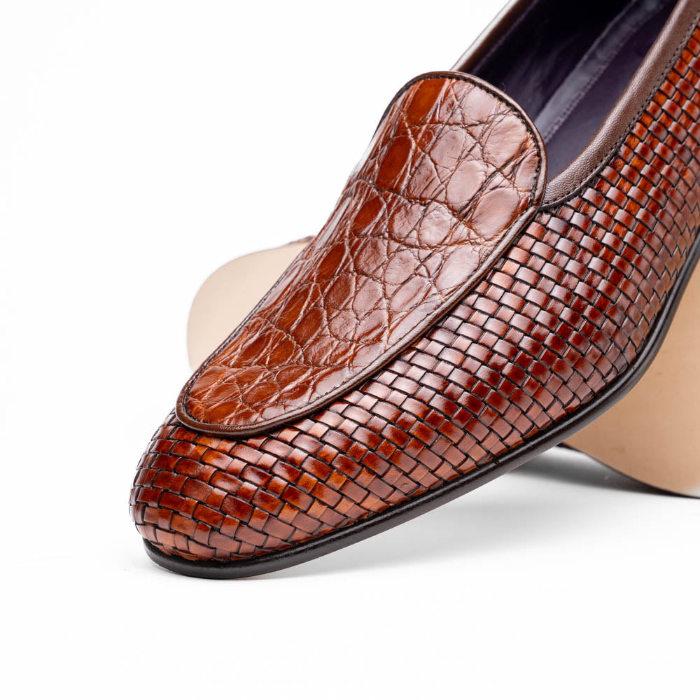 Zelli Italia 11-620-CGN PALIO Genuine Crocodile and Calfskin Basketweave Slip On, Cognac Angled View