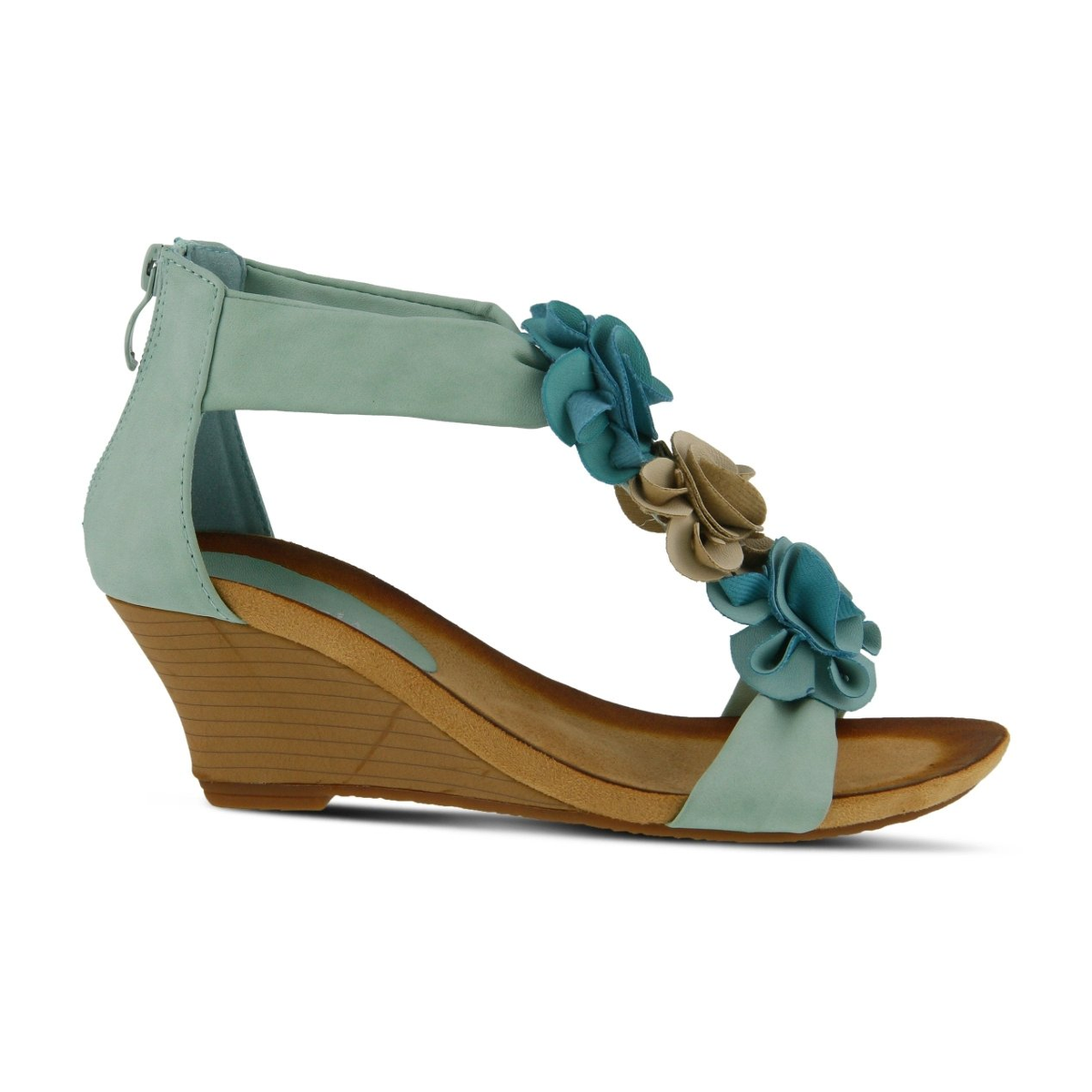 Patrizia Harlequin Multi wedge sandal in Aqua Multi, side profile with toe pointing right