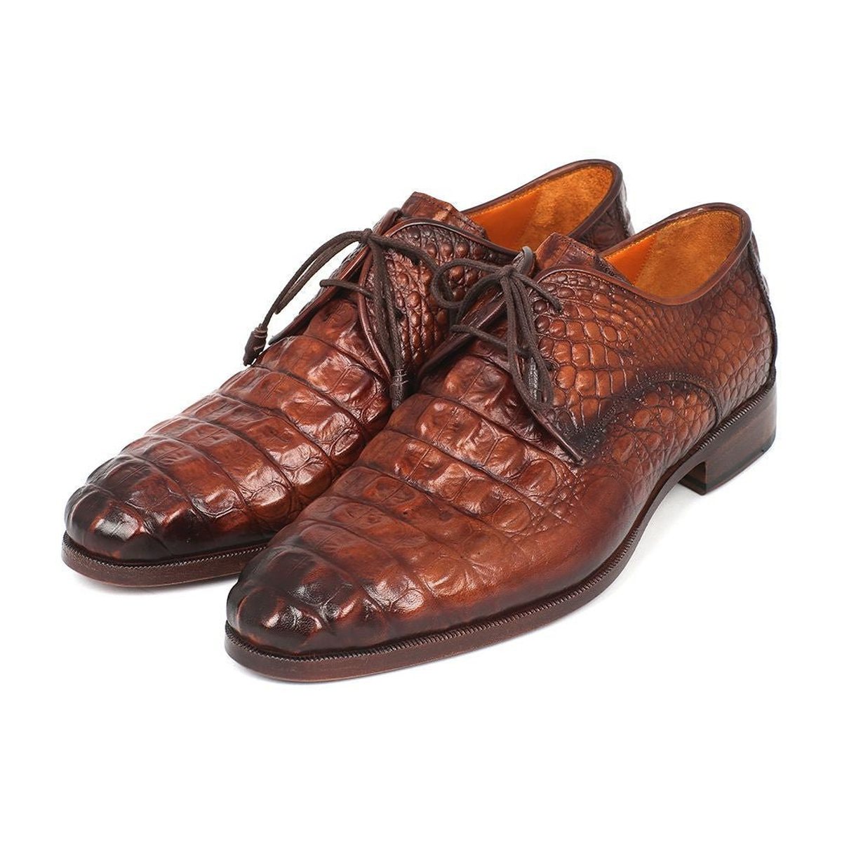 Paul Parkman 1438TAB men's light brown crocodile-embossed calfskin derby shoes, alternate front three-quarter pair view