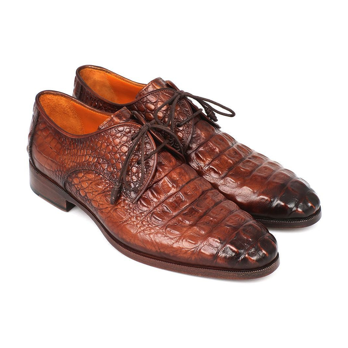Paul Parkman 1438TAB men's light brown crocodile-embossed calfskin derby shoes, front three-quarter pair view