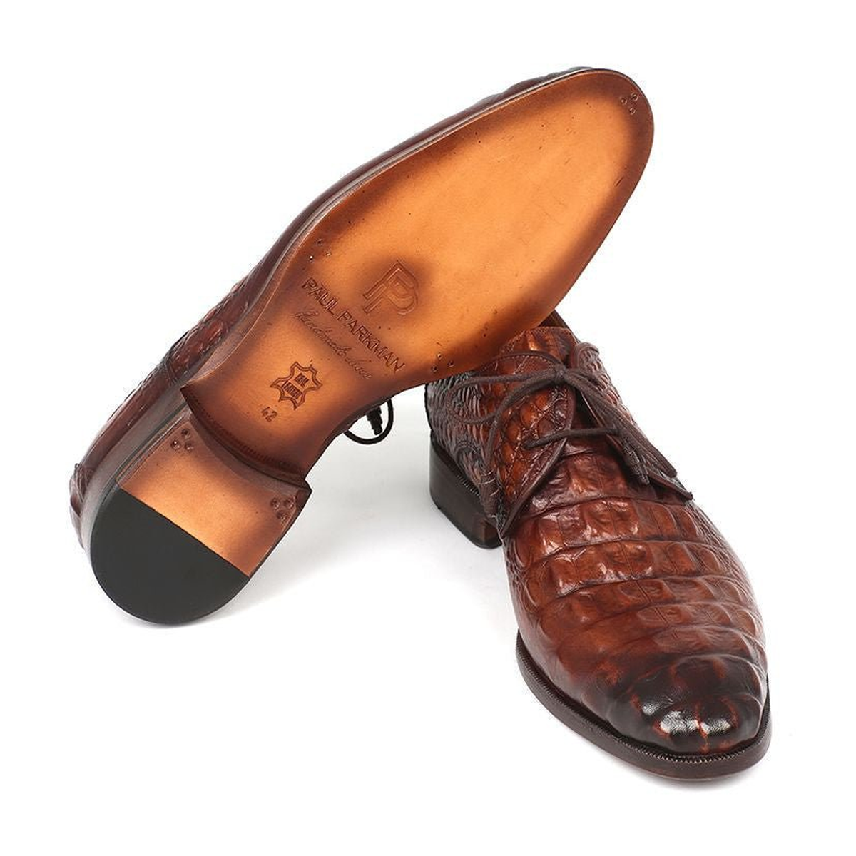Paul Parkman 1438TAB men's light brown crocodile-embossed calfskin derby shoes, outsole and upper pair view
