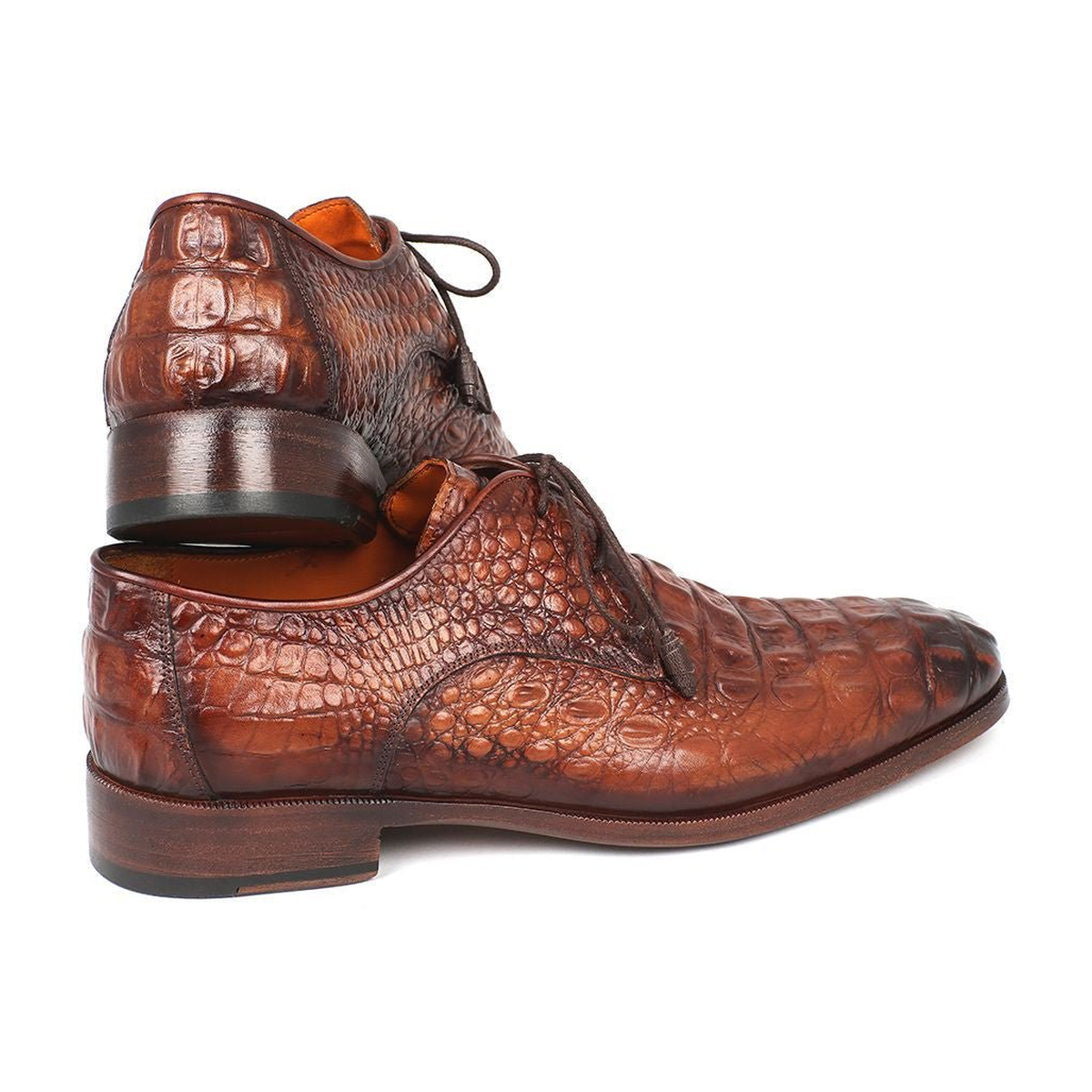 Paul Parkman 1438TAB men's light brown crocodile-embossed calfskin derby shoes, side and heel pair view