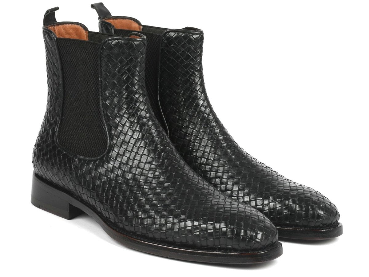 Paul Parkman Black Woven Leather Chelsea Boots (ID92WN87 BLK)