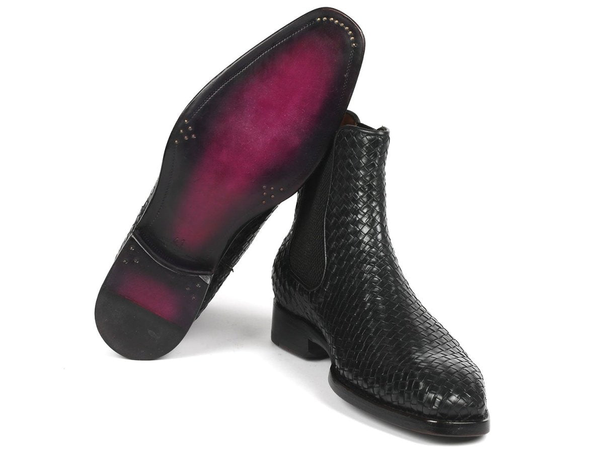 Paul Parkman Black Woven Leather Chelsea Boots (ID92WN87 BLK)
