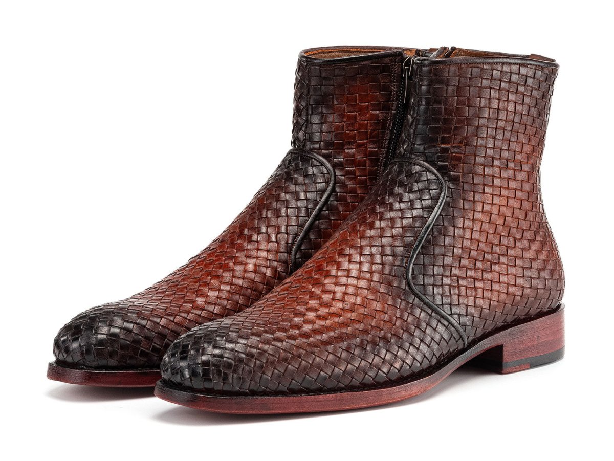 Paul Parkman Brown Burnished Woven Leather Zipper Boots (IDBT269BRW)