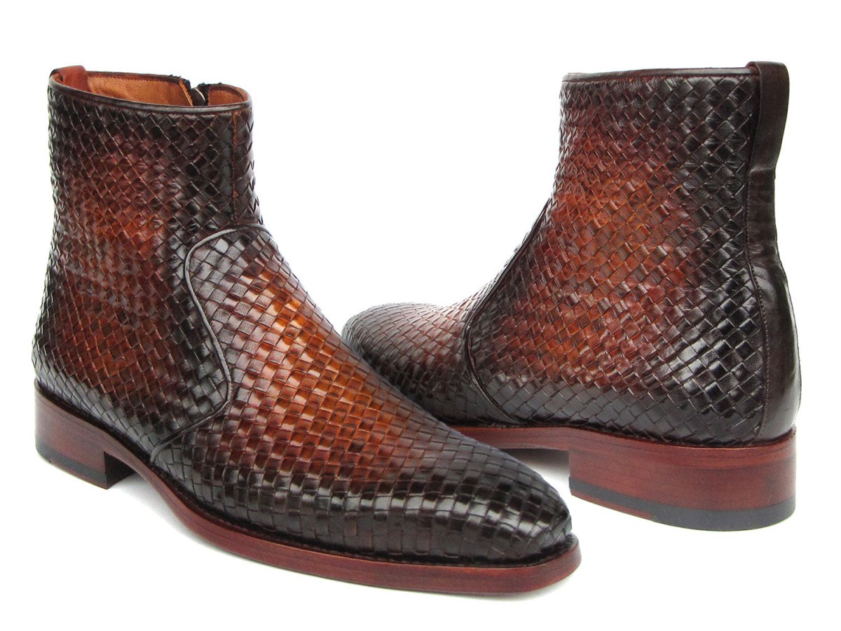 Paul Parkman Brown Burnished Woven Leather Zipper Boots